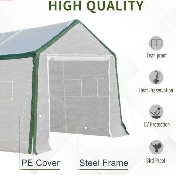 Outsunny 20' x 10' x 8' Walk-in Greenhouse with Roll Up Cover Windows Outdoor PE Cover